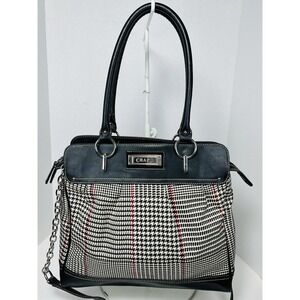 CHAPS Vintage Black Red Beige‎ Houndstooth Handbag Crossbody W/ Chain Strap EUC